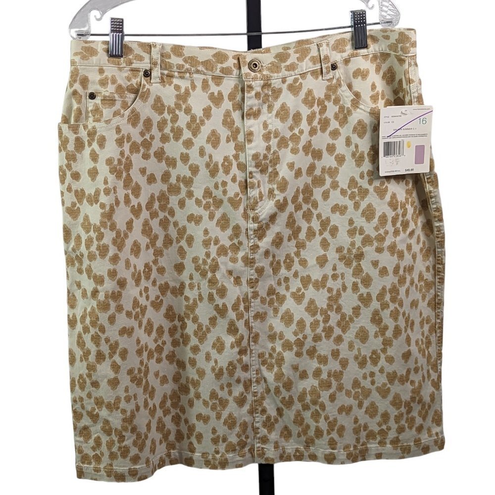 LIZ CLAIBORNE Animal Print Denim Stretch Mini Skirt Beige Gold Size 16